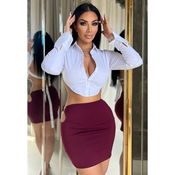 Make An Entrance Burgundy High‑Waist O‑Ring Cutout Bodycon Mini Skirt Sz M - Picture 1 of 5